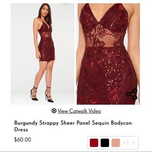 Burgundy Strappy Sheer Panel Sequin Bodycon Dress